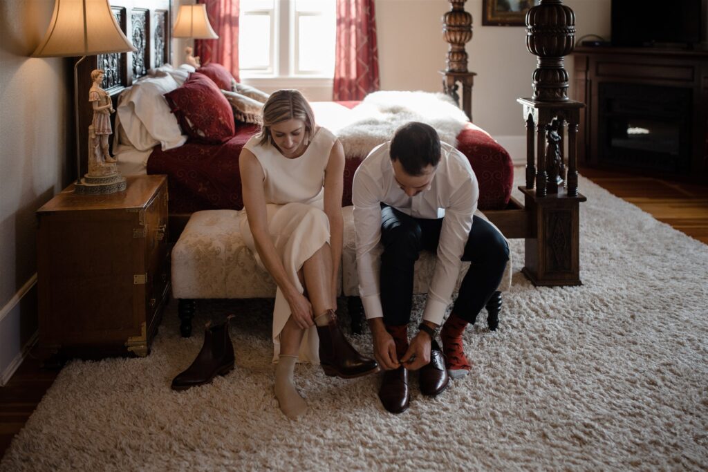 Bride & Groom get ready together at Dashwood Manor before their Vancouver Island beach elopement 